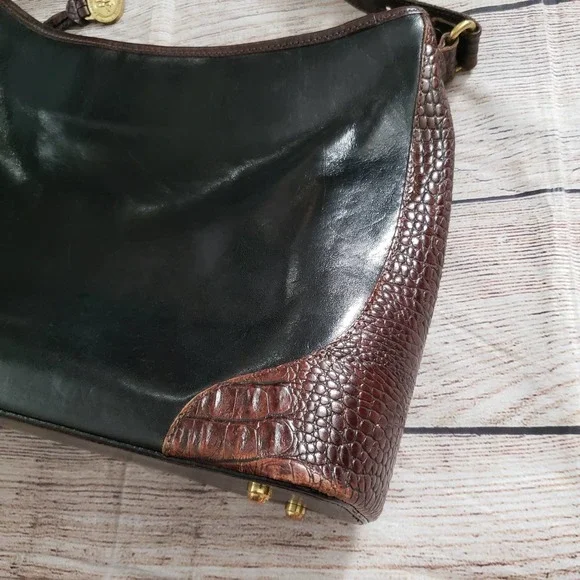 BRAHMIN Black Leather Brown Pecan Croc Embossed Vintage Handbag